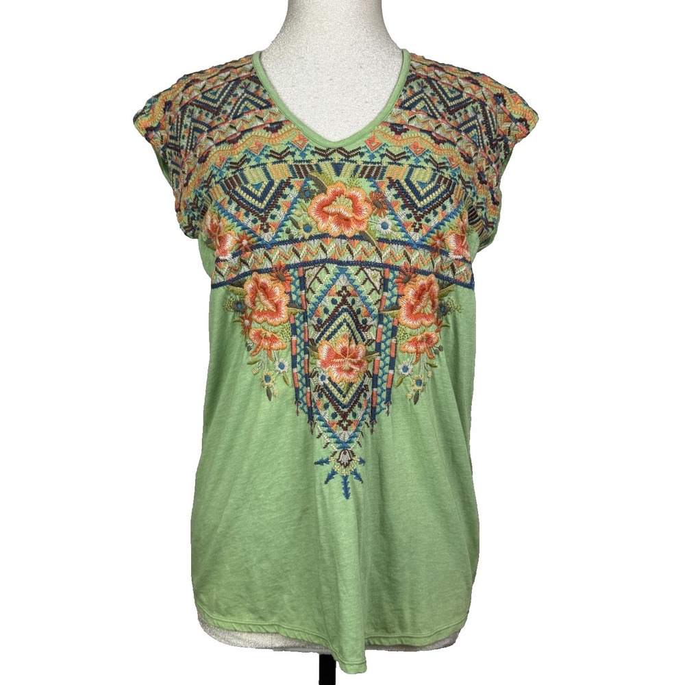 Johnny Was Shirt Women S Green Embroidered Floral Boho Tunic Top Festival Hippie